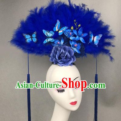 Chinese Catwalks Blue Feather Headpiece Handmade Stage Show Headdress Model Contest Deluxe Crown