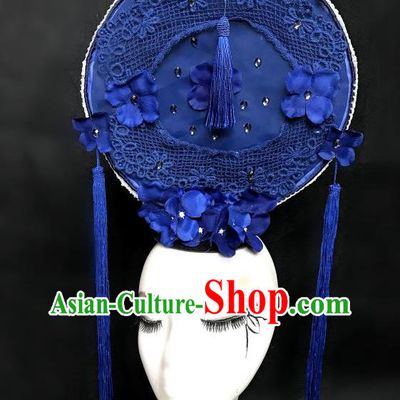 Chinese Model Contest Lace Crown Catwalks Blue Tassel Headpiece Handmade Stage Show Headdress