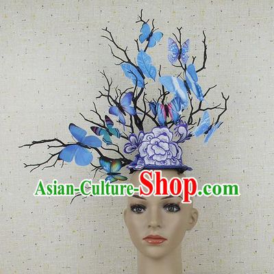 Chinese Catwalks Blue Butterfly Branch Headpiece Handmade Stage Show Headdress Model Contest Crown