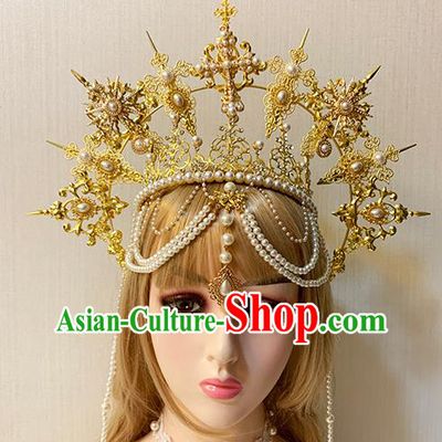 Handmade Goddess Hair Jewelry Stage Show Headpieces Top Catwalks Queen Golden Crown