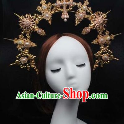 Top Stage Show Headwear Handmade Catwalks Golden Royal Crown Goddess Hair Jewelry