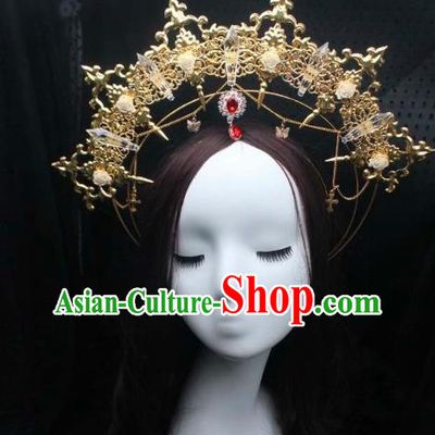 Top Goddess Hair Jewelry Stage Show Headwear Handmade Catwalks Golden Royal Crown