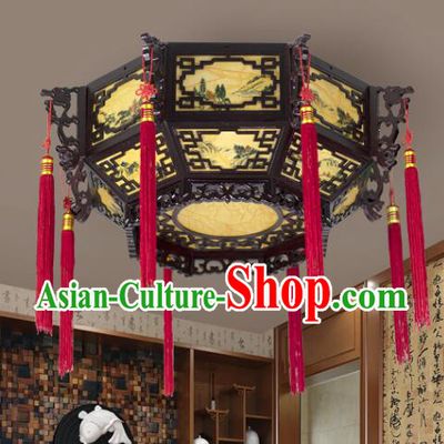 Chinese Wood Large Palace Lantern Hand Painted Landscape Ceiling Lantern