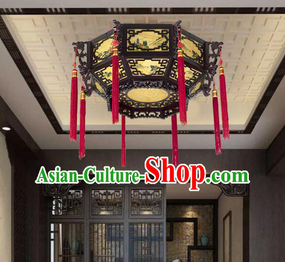 Chinese Wood Large Palace Lantern Hand Painted Landscape Ceiling Lantern Chinese Wood Large Palace Lantern Hand Painted Landscape Ceiling Lantern