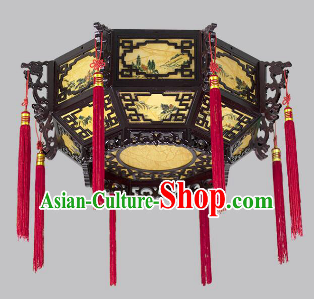 Chinese Wood Large Palace Lantern Hand Painted Landscape Ceiling Lantern Chinese Wood Large Palace Lantern Hand Painted Landscape Ceiling Lantern