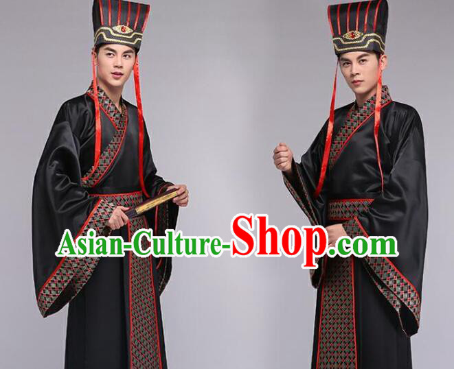Chinese Ancient Scholar Black Costumes Han Dynasty Official Clothing and Hat