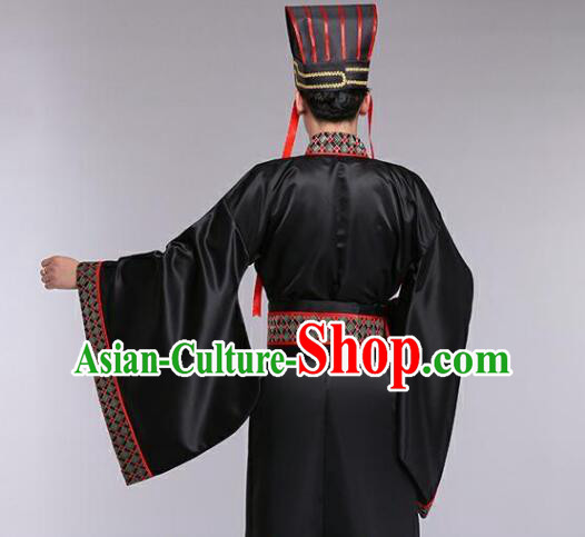 Chinese Ancient Scholar Black Costumes Han Dynasty Official Clothing and Hat