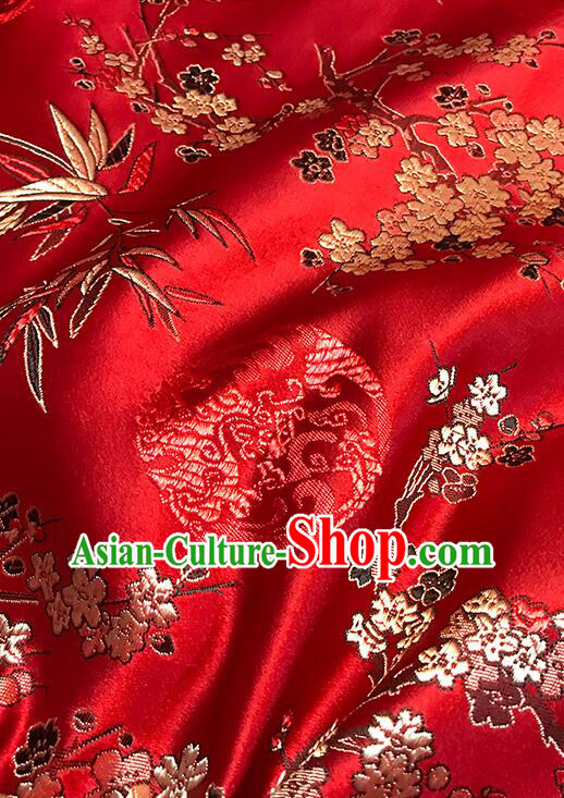 Chinese Traditional Fabric Classical Plum Bamboo Patterns Design Red Brocade Chinese Traditional Fabric Classical Plum Bamboo Patterns Design Red Brocade
