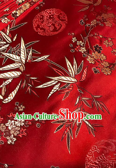 Chinese Traditional Fabric Classical Plum Bamboo Patterns Design Red Brocade Chinese Traditional Fabric Classical Plum Bamboo Patterns Design Red Brocade