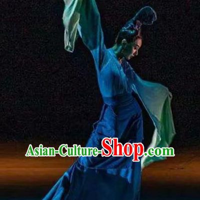 Chinese Women Group Dance Clothing Classical Dance Costume Spring Festival Gala Zhi Ci Qing Lu Blue Dress