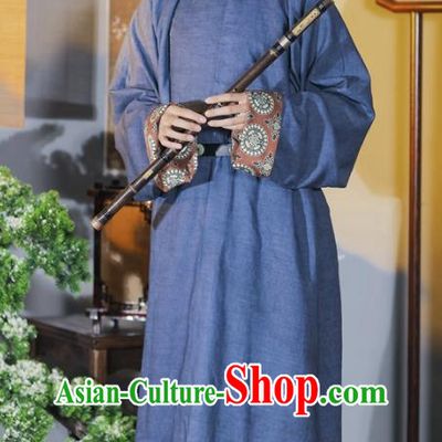 China Traditional Hanfu Navy Round Collar Robe Tang Dynasty Male Historical Clothing Ancient Swordsman Ramie Costume