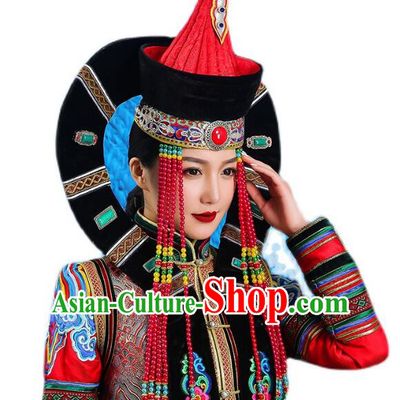 China Mongol Nationality Wedding Headwear Handmade Khorchin Ethnic Princess Hat Mongolian Nationality Festival Headdress
