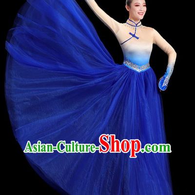 China Women Group Stage Show Royal Blue Dress Yangko Dance Costume Mongolian Ethnic Dance Fashion Opening Dance Clothing