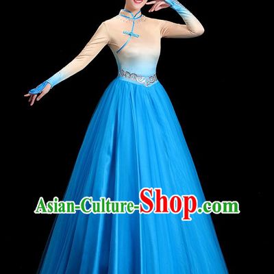 China Opening Dance Clothing Women Group Stage Show Blue Dress Yangko Dance Costume Mongolian Ethnic Dance Fashion