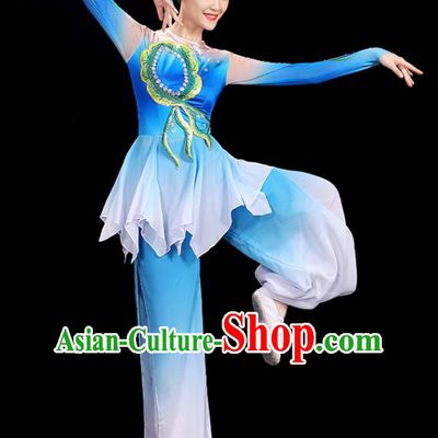 Top Women Group Stage Show Fashion Fan Dance Costume Yangko Dance Blue Outfit Folk Dance Clothing