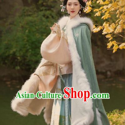 China Ancient Princess Costume Ming Dynasty Court Woman Clothing Traditional Hanfu Green Winter Cloak