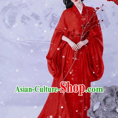 China Traditional Photography Hanfu Garments Ancient Swordswoman Costumes Jin Dynasty Young Lady Red Dresses