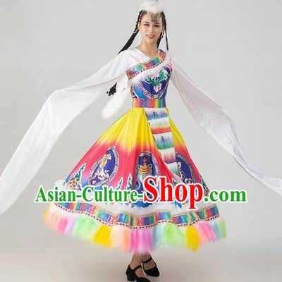 China Tibetan Ethnic Dancing Dress Women Group Show Costume Zang Nationality Water Sleeve Clothing