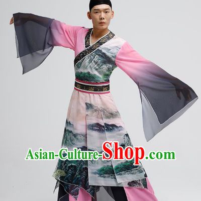 China Male Group Show Costume Classical Dance Clothing Ink Painting Landscape Outfit