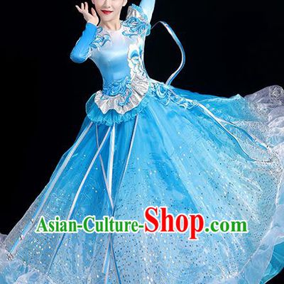 China Group Stage Performance Blue Dress Women Modern Dance Costume Opening Dance Clothing