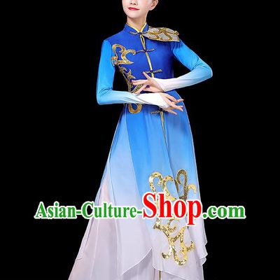 China Women Group Stage Performance Royal Blue Outfit Yangko Dance Costume Fan Dance Clothing