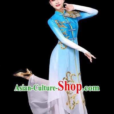 China Fan Dance Clothing Women Group Show Blue Outfit Yangko Dance Costume Stage Performance Dress