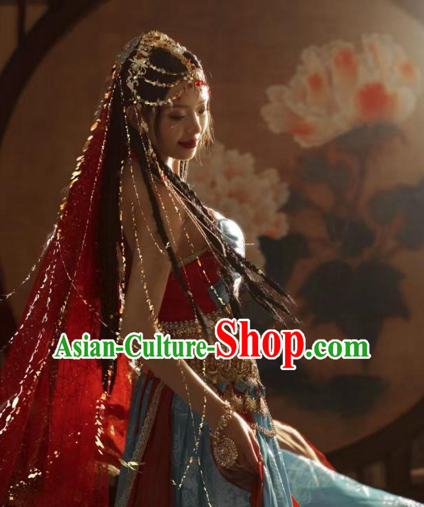 China Dunhuang Flying Apsaras Costumes Photography Hanfu Garments Ancient Ethnic Princess Blue Dresses China Dunhuang Flying Apsaras Costumes Photography Hanfu Garments Ancient Ethnic Princess Blue Dresses