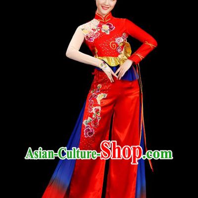China Folk Dance Clothing Yangko Dance Red Outfit Women Group Stage Show Costume