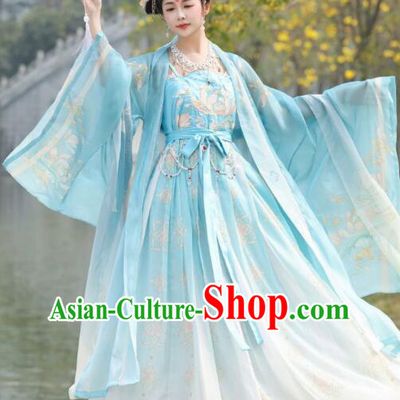 China Ancient Princess Clothing Blue Hanfu Dresses Tang Dynasty Court Lady Costumes