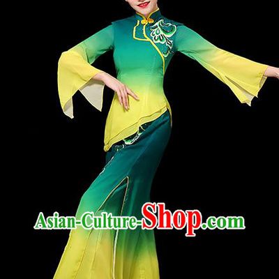 China Yangko Dance Gradient Green Yellow Outfit Women Group Stage Show Costume Modern Dance Fashion Fan Dance Clothing
