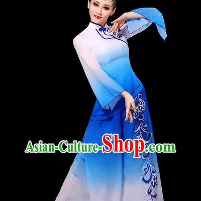 China Fan Dance Clothing Yangko Dance Gradient White Blue Outfit Women Group Stage Show Costume Modern Dance Fashion