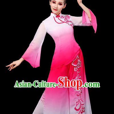 China Umbrella Dance Fashion Fan Dance Clothing Yangko Dance Gradient White Pink Outfit Women Group Stage Show Costume