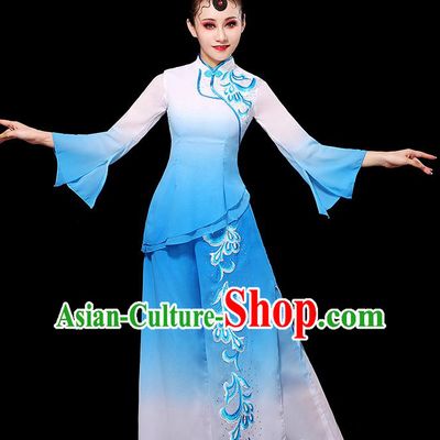 China Women Group Stage Show Costume Umbrella Dance Fashion Fan Dance Clothing Yangko Dance Gradient White Blue Outfit