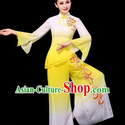 China Yangko Dance Gradient White Yellow Outfit Women Group Stage Show Costume Umbrella Dance Fashion Fan Dance Clothing