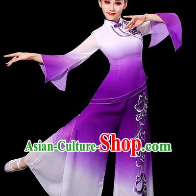 China Fan Dance Clothing Yangko Dance Gradient White Purple Outfit Women Group Show Costume Umbrella Dance Fashion
