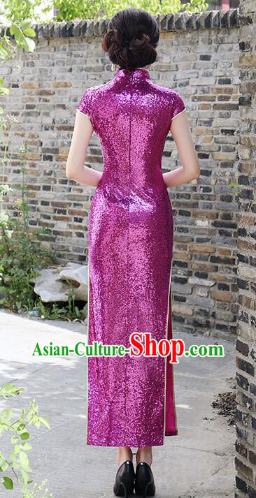 China Traditional Cheongsam Elegant Mandarin Dress Woman Embroidered Shinning Purple Qipao China Traditional Cheongsam Elegant Mandarin Dress Woman Embroidered Shinning Purple Qipao
