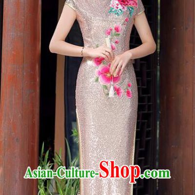 China Woman Embroidered Shinning Champagne Qipao Traditional Cheongsam Elegant Mandarin Dress