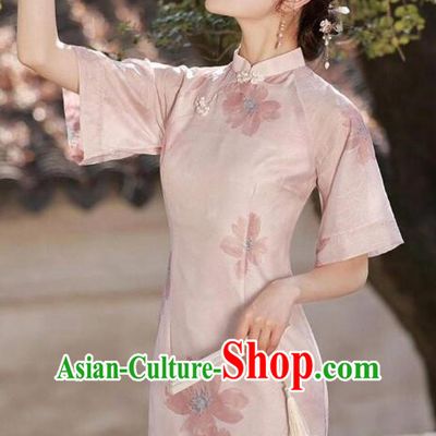 China Pink Qipao Traditional Cheongsam Elegant Mandarin Dress