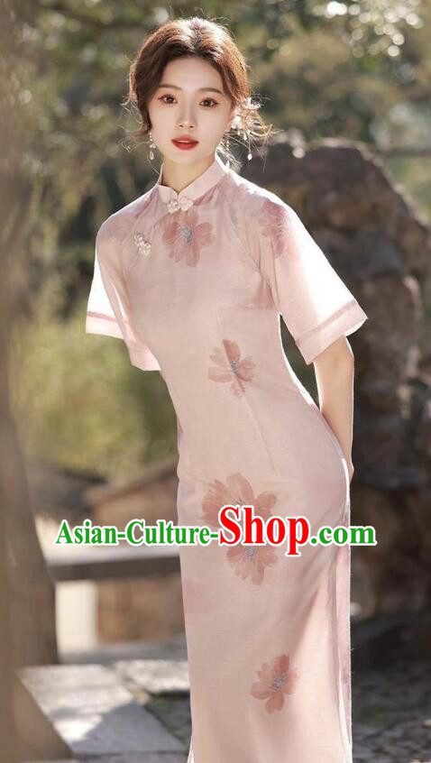 China Pink Qipao Traditional Cheongsam Elegant Mandarin Dress China Pink Qipao Traditional Cheongsam Elegant Mandarin Dress