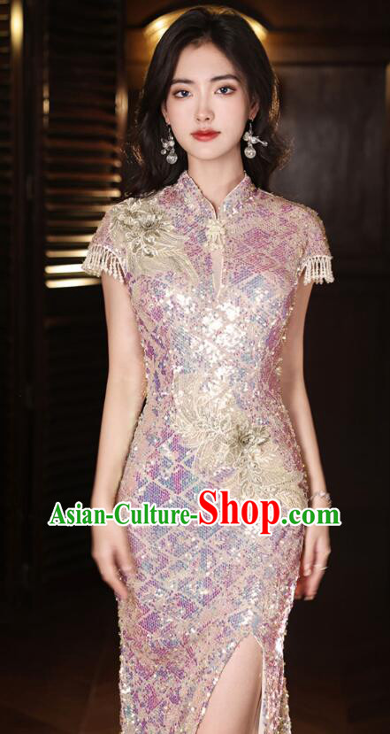 China Traditional Cheongsam Clothing Elegant Shining Dress Compere Mermaid Qipao China Traditional Cheongsam Clothing Elegant Shining Dress Compere Mermaid Qipao