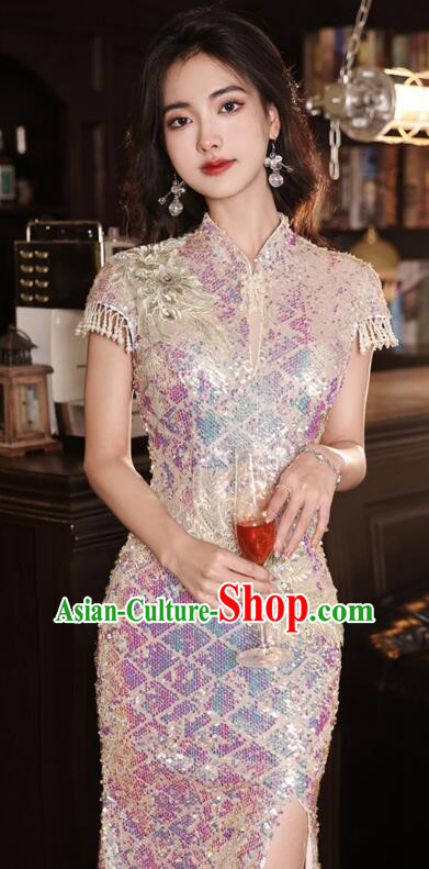 China Traditional Cheongsam Clothing Elegant Shining Dress Compere Mermaid Qipao China Traditional Cheongsam Clothing Elegant Shining Dress Compere Mermaid Qipao