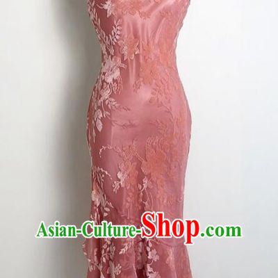 China Compere Qipao Classical Cheongsam Clothing Elegant Pink Dress