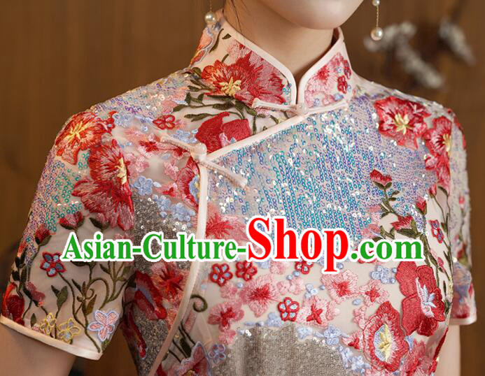 China Classical Cheongsam Clothing Elegant Embroidered Dress Shining Qipao Costume China Classical Cheongsam Clothing Elegant Embroidered Dress Shining Qipao Costume