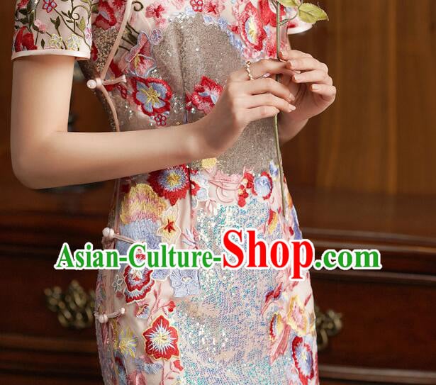 China Classical Cheongsam Clothing Elegant Embroidered Dress Shining Qipao Costume China Classical Cheongsam Clothing Elegant Embroidered Dress Shining Qipao Costume