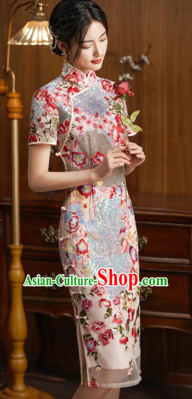 China Classical Cheongsam Clothing Elegant Embroidered Dress Shining Qipao Costume China Classical Cheongsam Clothing Elegant Embroidered Dress Shining Qipao Costume