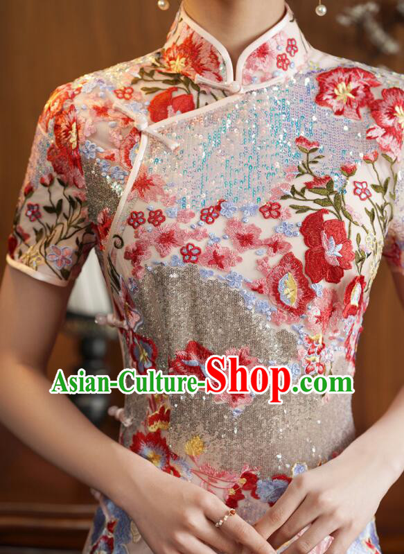 China Classical Cheongsam Clothing Elegant Embroidered Dress Shining Qipao Costume China Classical Cheongsam Clothing Elegant Embroidered Dress Shining Qipao Costume