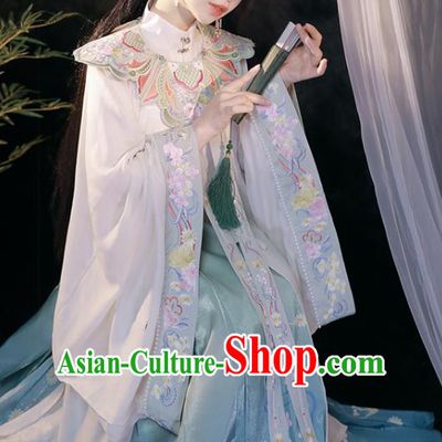 China Hanfu Embroidered Clothing Ming Dynasty Princess Blue Dresses Ancient Noble Lady Garment Costumes Complete Set