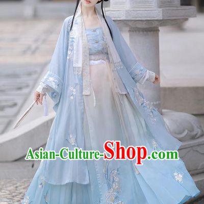 China Ancient Young Woman Garment Costumes Hanfu Blue Ruqun Clothing Song Dynasty Royal Princess Embroidered Dresses