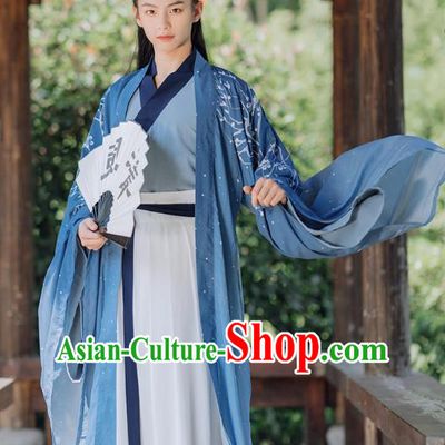 China Jin Dynasty Young Hero Clothing Ancient Swordsman Garment Costumes Blue Hanfu