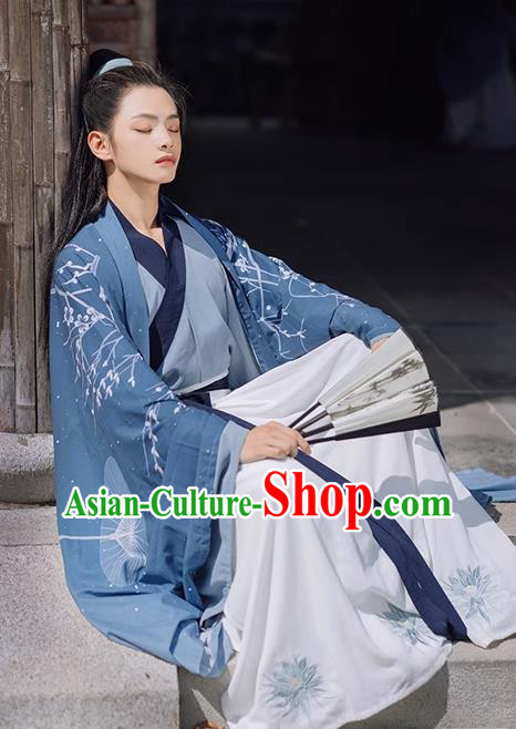 China Jin Dynasty Young Hero Clothing Ancient Swordsman Garment Costumes Blue Hanfu China Jin Dynasty Young Hero Clothing Ancient Swordsman Garment Costumes Blue Hanfu